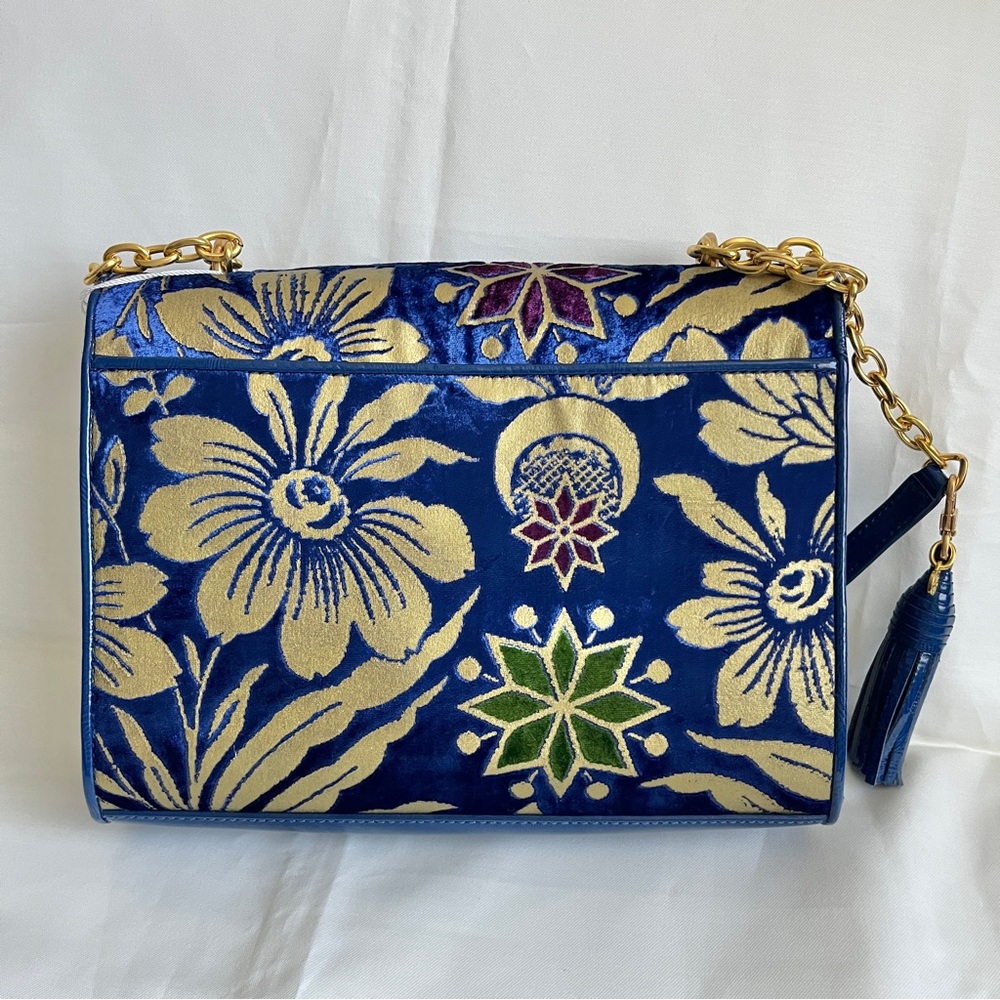 Tory Burch Blue and Gold Floral Velvet Shoulder Bag - Picture 3 of 10